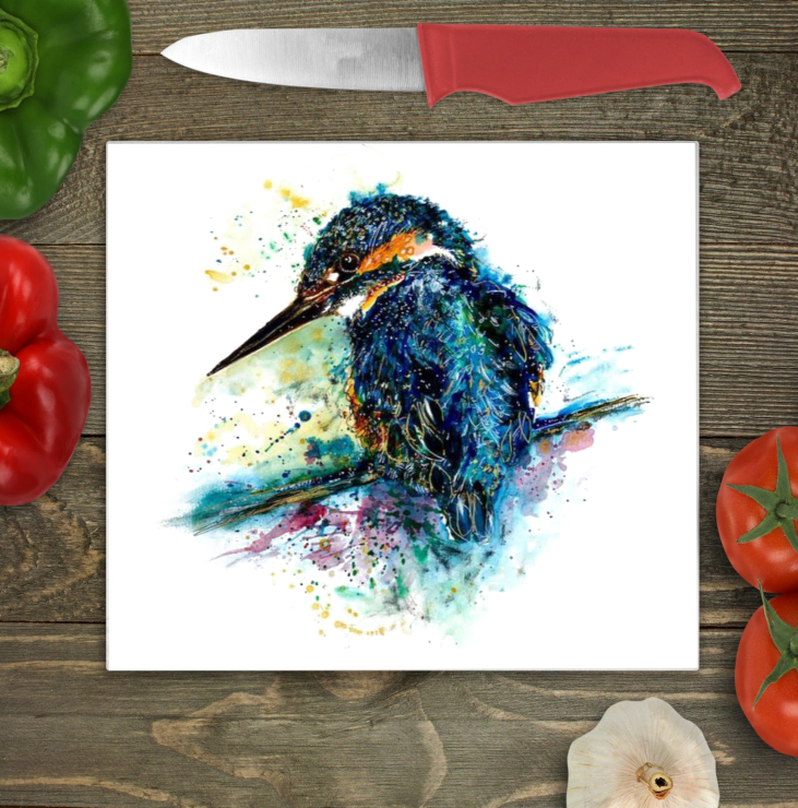 Kingfisher Watercolour Large Glass Chopping Board